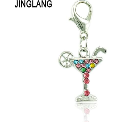 JINGLANG Free Shipping Lobster Clasp Charm Dangle Colorful Rhinestone Wine Cup DIY Charms For Jewelry Making Accessories