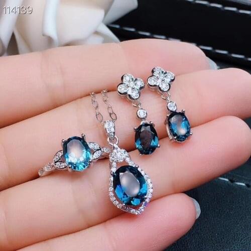 Natural blue topaz Ring Pendant Earrings Natural Gemstone Jewelry Set 925 Silver Lovely Plum blossom Women party gift jewelry