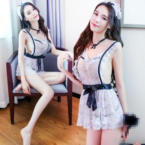 Maid suit - New Lace transparent sexy underwear womens large size Maid uniform hollow temptation sexy Perspective
