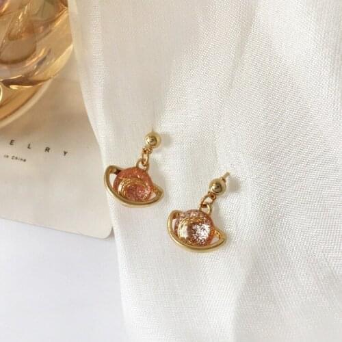 Beautiful Cute Planet Pink Clip on Earrings No Pierced Non Piercing Ear Girls Sweet Aesthetic Earrings