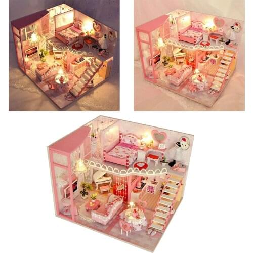 DIY Dollhouse Furniture Full Set Romantic Pink LED Light Cottage House Gift