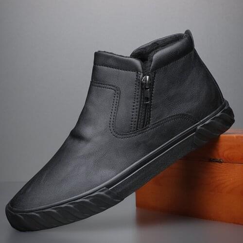 2021 Winter Men Boots Shoes Men Plush Inside Slip-On High Tops Warm Leather Casual Shoes Thick Leather Snow Boots