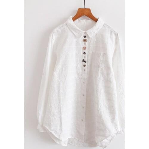 2020 New Autumn Women Blouse Mori Girl Literary Embroidery Color Button Cotton White Turndown Collar Shirts Women
