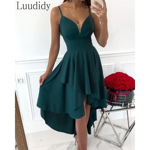 Solid V-Neck Sleeveless Asymmetrical Cami Dress SKU: -ichic-gr