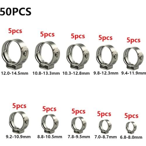 50pcs Single Ear Stepless Hose Clamps 8-14.5mm 304 Stainless Steel Hose Clamps Cinch Clamp Rings for TIG/MIG of Hose