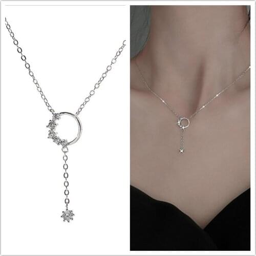 100% Silver 925 Sterling Necklace For Women Jewelry Shiny Zircon Round Pendant Necklace Lady Clavicle Chain Accessories Female