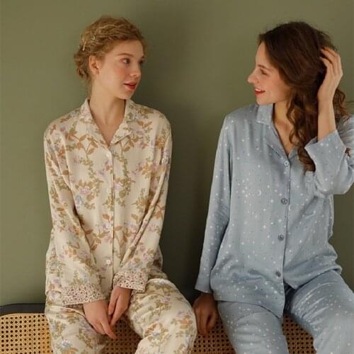 Spring Autumn Fashion Viscose Womens Long Sleeve Pajama Sets Ankle-Length Pants Loose Nightwear Suits Home Wear