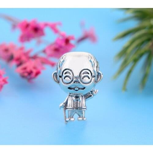 Real 925 Sterling Silver Grandpa Grandad With Crutch In Hand Bead Fit Original Charm Bracelet For Making Women Berloque 2021 DIY