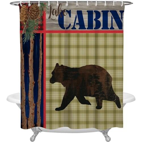 Retro Plaid Pine Cone Bear Shower Curtain Waterproof Polyester Fabric Shower Curtains Home Decoration Curtain with Hook