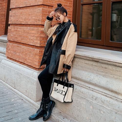 Trendy Jacket Female 2021 Spring New Locomotive Style Fashion PU Leather Stitching Medium And Long Temperament Windbreaker M327