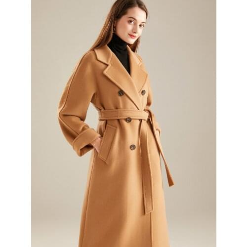 High end medium and long camel wool coat womens double-sided double row button cashmere coat womens