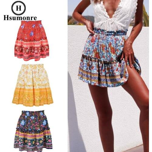 Ethnic Style Printed Bohemian Style Ladies Skirt Pleated Elastic Cotton A-line Skirt Ruffle Stitching Girls Travel Daily Wear