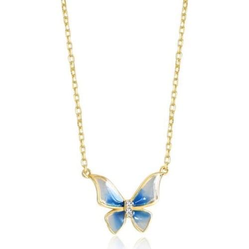 925 Sterling Silver Romantic Blue Butterfly Pendant Charm Chain Necklace for Women Fashion Wedding Anniversary Jewelry Gift