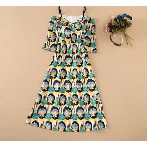 High Quality Brand Strap Dress 2021 Summer Women Charming Florla Print Half Sleeve Mid-Calf Length Casual Runway Dress Club Wear