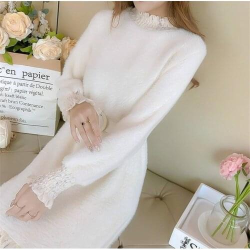 Womens Dress New FemaleSpring Autumn Dress Temperament Dresses For Women Long sleeve Knit Dress Lace stitching Dress C554