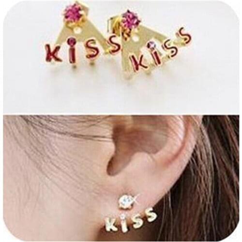 2018 Crystal Kiss Letter Ear Stud Fashion Design Double Side Earrings for Women Jewelry Earrings Zircon wedding Bridesmaid Gift