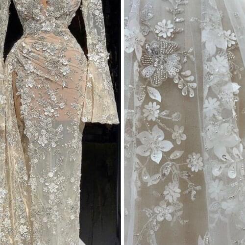 2020 Latest 3D Applique Sliver Beaded Gorgeous Embroidery Wedding Bridal dress Tulle Mesh lace fabric