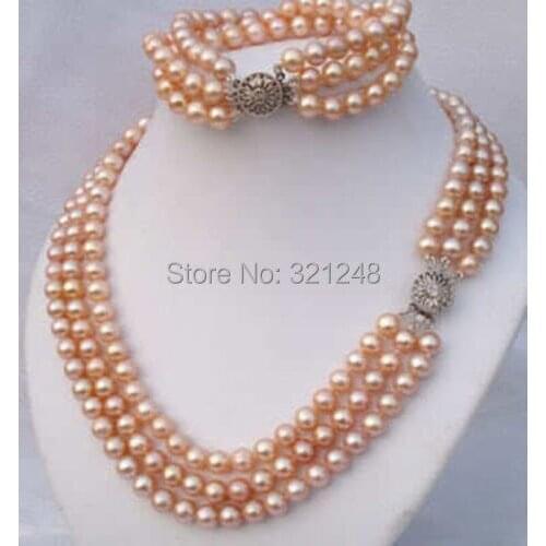 3Rows 7-8mm 2014 charming free shipping Pink Akoya Pearl Necklace Bracelet Set BV465