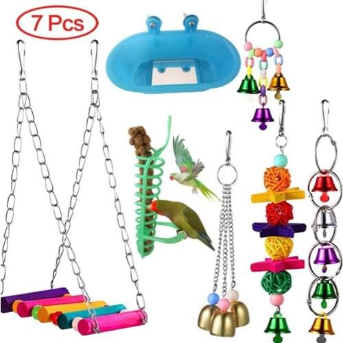 7 Pcs Bird Toy Parrot Swing Chewing Toys Hanging Bell Bird Cage Toys Suitable for Small Parakeets, Cockatiels, Conures, Parrots