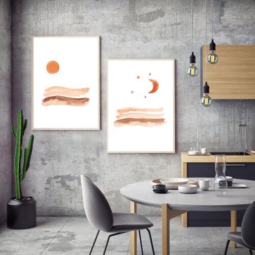 Watercolor Posters and Prints Minimalism Sun and Moon Landscape Nordic Wall Decor Pictures Painting for Living Room Decoration