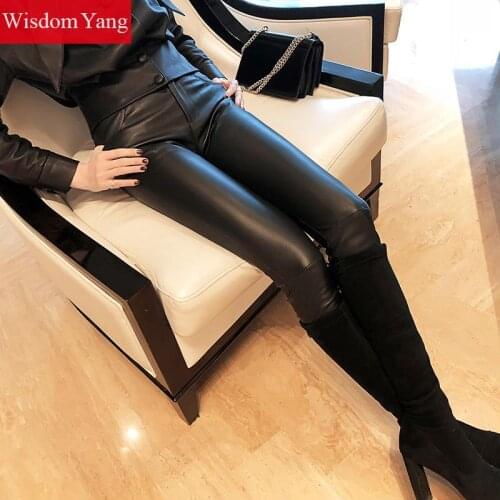 Spring Black Real Sheep Skin Genuine Leather Pencil Pants Nine Trousers Bodyco Ladies Women Pants Gothic High Waist Pant Trouser