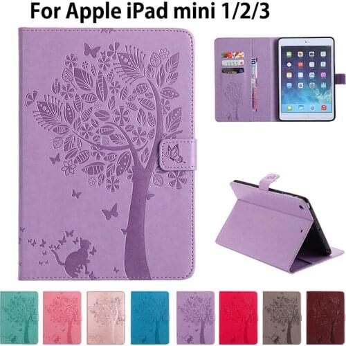 For Funda iPad Mini 1/2/3 Case Cover Cat Tree Embossed PU Leather Wallet Stand Case with Auto Wake/Sleep Smart Cover Skin Shell