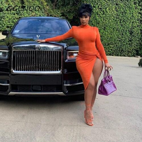 GGLNOO Asymmetrical High Split Sexy Dresses for Women Party Night Club Wear Long Sleeve Midi Dress Orange Black