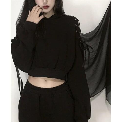 Hipster Lady Eyelet Lace-up Off Shoulder Hollow Out Short Dark Goth Hoodies Gothic Black Women Demon Horn Hooded Sweatshirt 2021