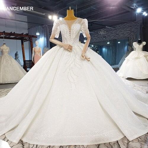 HTL2113 Short Sleeve Luxurious Sexy V-Neck Crystal Beading Sequined Wedding Dress 2021 For Woman Ball Gowns свадебное платье