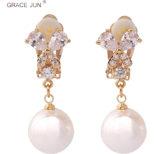 GRACE JUN High Quality Faux Pearl AAA Cubic Zircon Butterfly Clip on Earrings for Women Luxury Fashion Bride Wedding Ear Clip