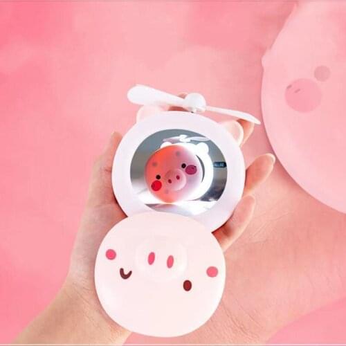 CSHOU149 Cartoon Cute Piggy Mini Cosmetic Mirror Compact Portable Pocket Makeup Mirrors Cooling Fan Light Handheld USB Recharge