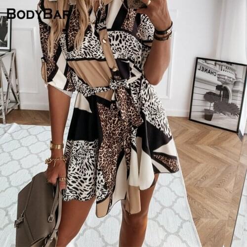 Summer Loose Fashion Dress 2021 Casul Leopard Turndown Collar Female Dresses Elegant Boho Waist Vestidos Printed Female Dresses