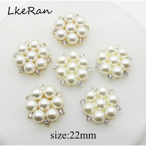 LkeRan 10Pcs/lot 22mm Flower Pearl Rhinestone Buttons Flat back Alloy button DIY Wedding decoration Hair accessories