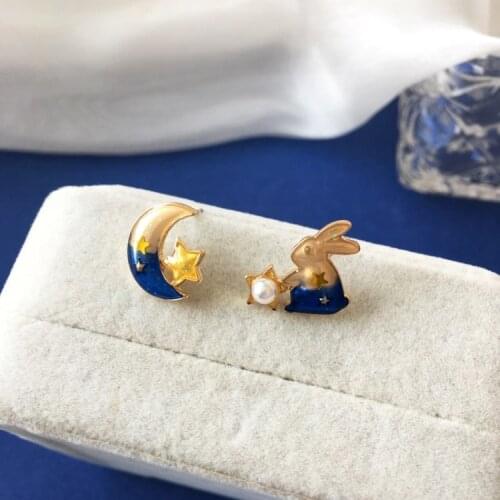 Cute Lovely Moon Star Rabbit Stud Earring S925 Needle Simple Sweet Girl Student Jewelry Accessoreis Good Gift