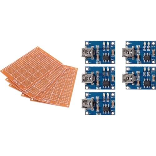 5X 5V Mini USB 1A Lithium Battery Charging Board Module & 5Pcs Copper Single-Sided Universal Circuit Board Hole Board