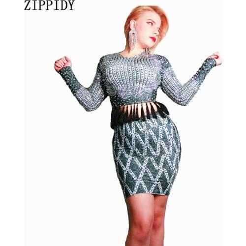 Fashion Black Silver Rhinestones Top Skirt Long Sleeves Fringes Outfit Sexy Stage Wear Costume Party Celebrate Nightclub