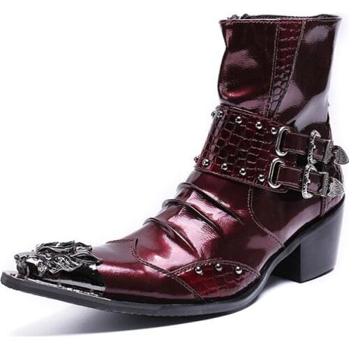 Big Size Western Mans Ankle Boots Iron Pointed Toe Handsome Short Boots Red Italian Style Men Boots Winter, EU38-46