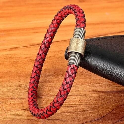 New Design Vintage Punk Button and 6mm Genuine Leather Bracelets For Men Women Charm Bohemia Magnetic Stainless Steel Bangles