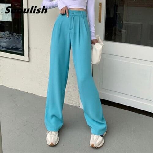 Seoulish 2021 New Summer Ice Silk Womens Wide Leg Suits Pants Solid High Waist Elegant Pants Work Casual Loose Trousers Female