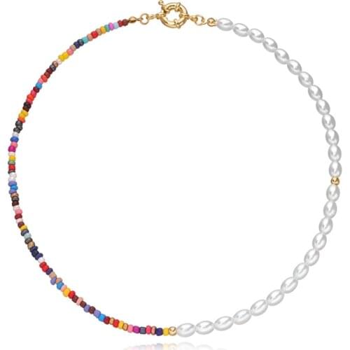 2021 New Pearl Rice Beads Fish Line Hand-Woven Necklace Fashion Bohemian Women Short Neckchain Summer Fashion Accessories