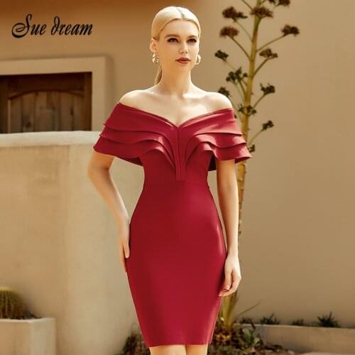 New Summer Women Off Shoulder Short Sleeve Bandage Dress Sexy V Neck Red Ruffles Club Celebrity Evening Party Dresses 2021