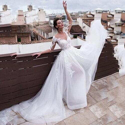 Simple Tulle Wedding Dresses 2020 2 In 1 Long Sleeves Bridal Dress With Detachable Skirt Lace Appliques Wedding Gowns