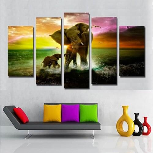 SELFLESSLY Animals Art Canvas Painting Posters Prints Elephant and son sunset Waves On Canvas Wall Picture For Kids decor