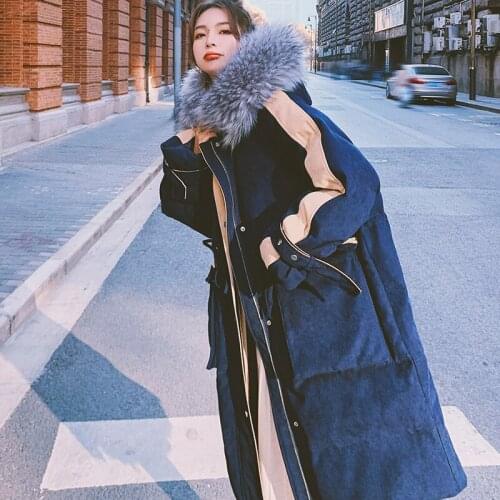 Warm Womens Coat Winter Padded Jacket Female Korean Loose Plus Size Navy Blue Hooded 2021 New Long Hair Collar Thick Corduroy