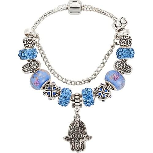 VIOVIA Blue Crystal Beads Hamsa Hand Charm Bracelets Bangles for Women Silver Color Alloy Beads Bracelet Fashion Jewelry B15104
