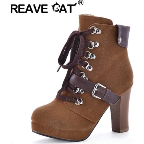 REAVE CAT 2021 Ankle Boots Belt Buckle Flock Zip Lace Up Patchwork Platform Nightclub Block Heel Blue Brown Green Black A4518