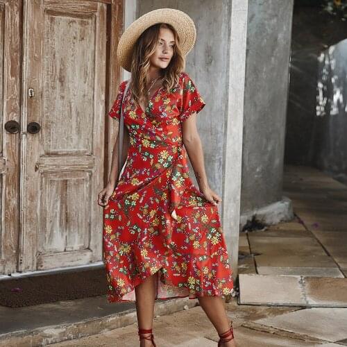 Floral print boho dress women v-neck short sleeve lace up Sashes high waist casual holiday female summer beach dresses