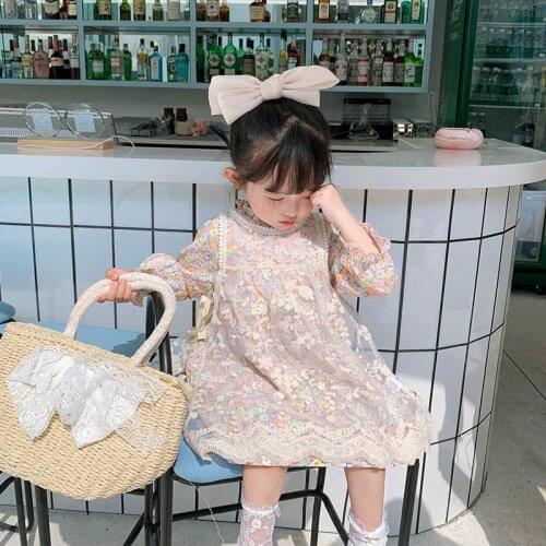 Girl Pretty Dress 2021 New Flowers Printing Long Sleeve 2 Pieces Dresses Lace Transparent Sukienki Dla Dziewczynek
