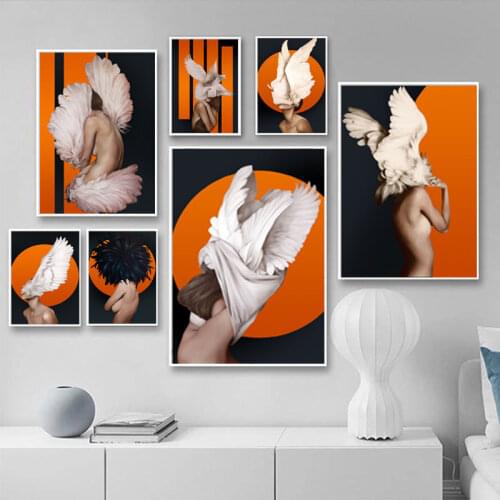 Flowers Feather Woman Abstract Canvas Painting Beauty Wall Art Poster Print Nordic Orange Wall Picture Living Room Decoration