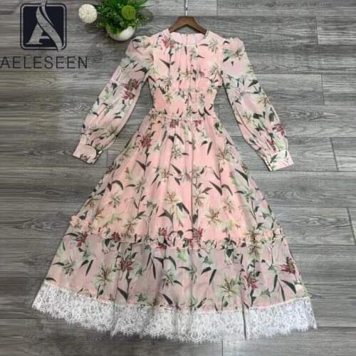 AELESEEN Designer Fashion Women Dress 2021 Autumn Full Lantern Sleeve Lily Flower Print Lace Patchwork Elegant Party Dress